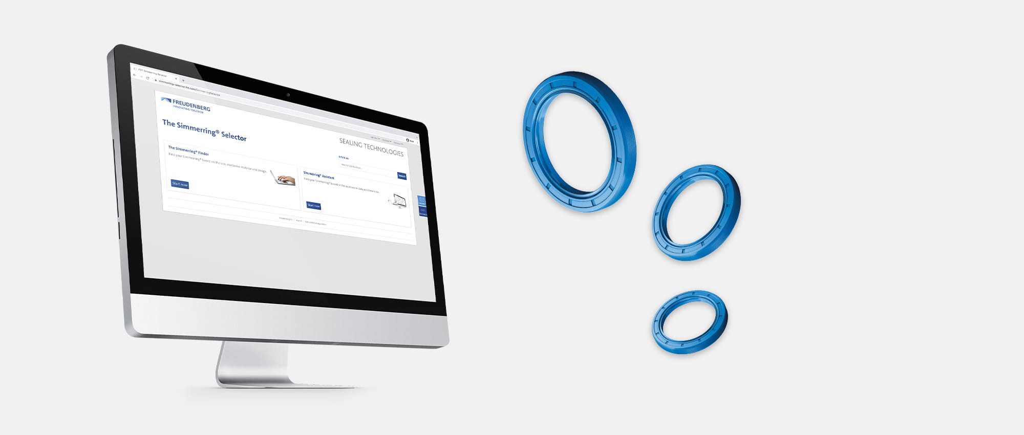 Drei blaue Simmerringe neben einem Monitor mit geöffneter Simmerring® Selector Webseite auf grauem Hintergrund.