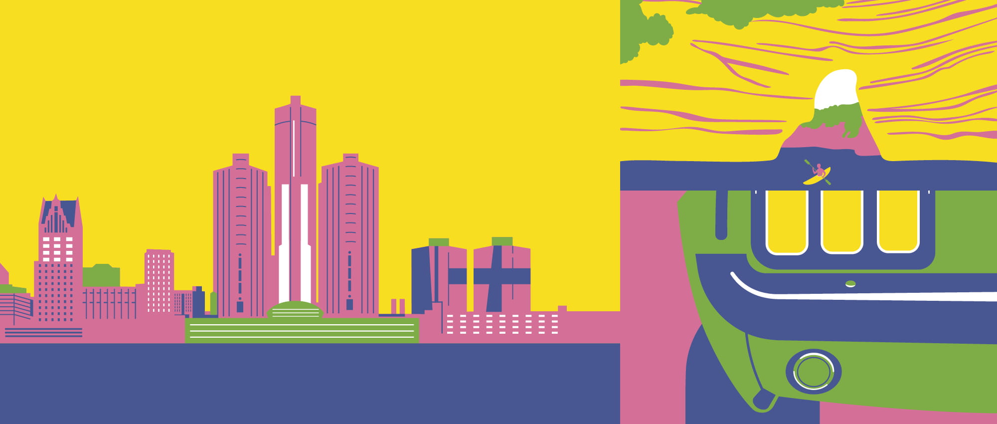 Collage von drei Illustrationen. Oben ist eine Skyline am Wasser abgebildet, unten links eine Klippe mit zwei Kajak-Fahrern und rechts eine Nahaufnahme von einem Autolicht